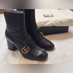 Gucci Marmont Black Calfskin Fringe Ankle Boots Gold GG EU 39.5 / US 9.5 Box